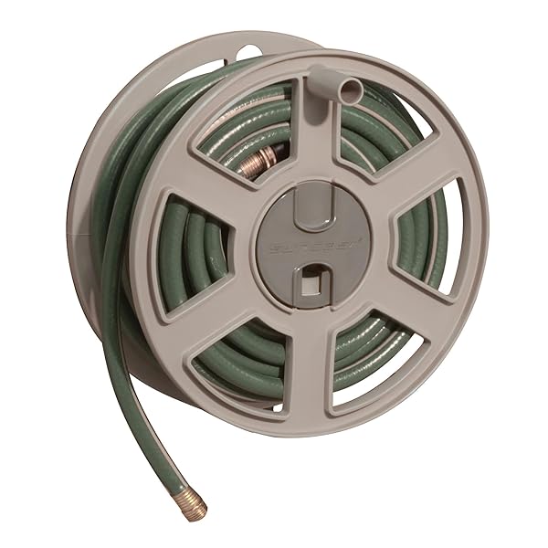 SUNCAST 100 FT GARDEN HOSE HOLDER WALL MOUNT, TAUPE HEAVY-DUTY WALL MOUNTED WATER HOSE REEL FOR OUTSIDE USE, MANUALLY RETRACTABLE SIDEWINDER, OPEN SPACE-SAVING STORAGE, MADE IN THE USA