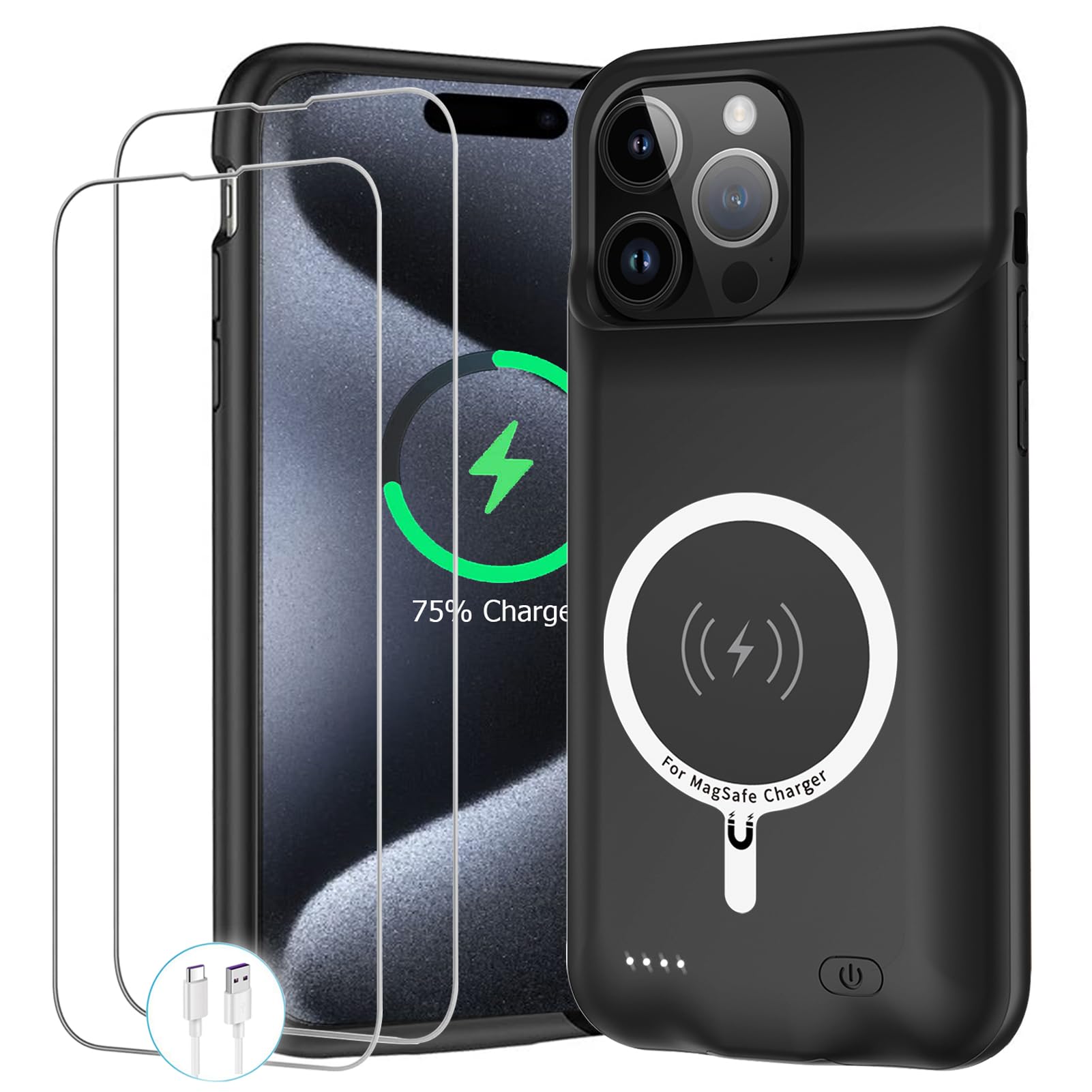 Battery Case for iPhone 15 Pro, 10000mAh Portable Protective Charging Case with Wireless Charging Compatible with iPhone 15 Pro (6.1 inch) Extended Battery Pack Charger Case with Carplay (Black)
