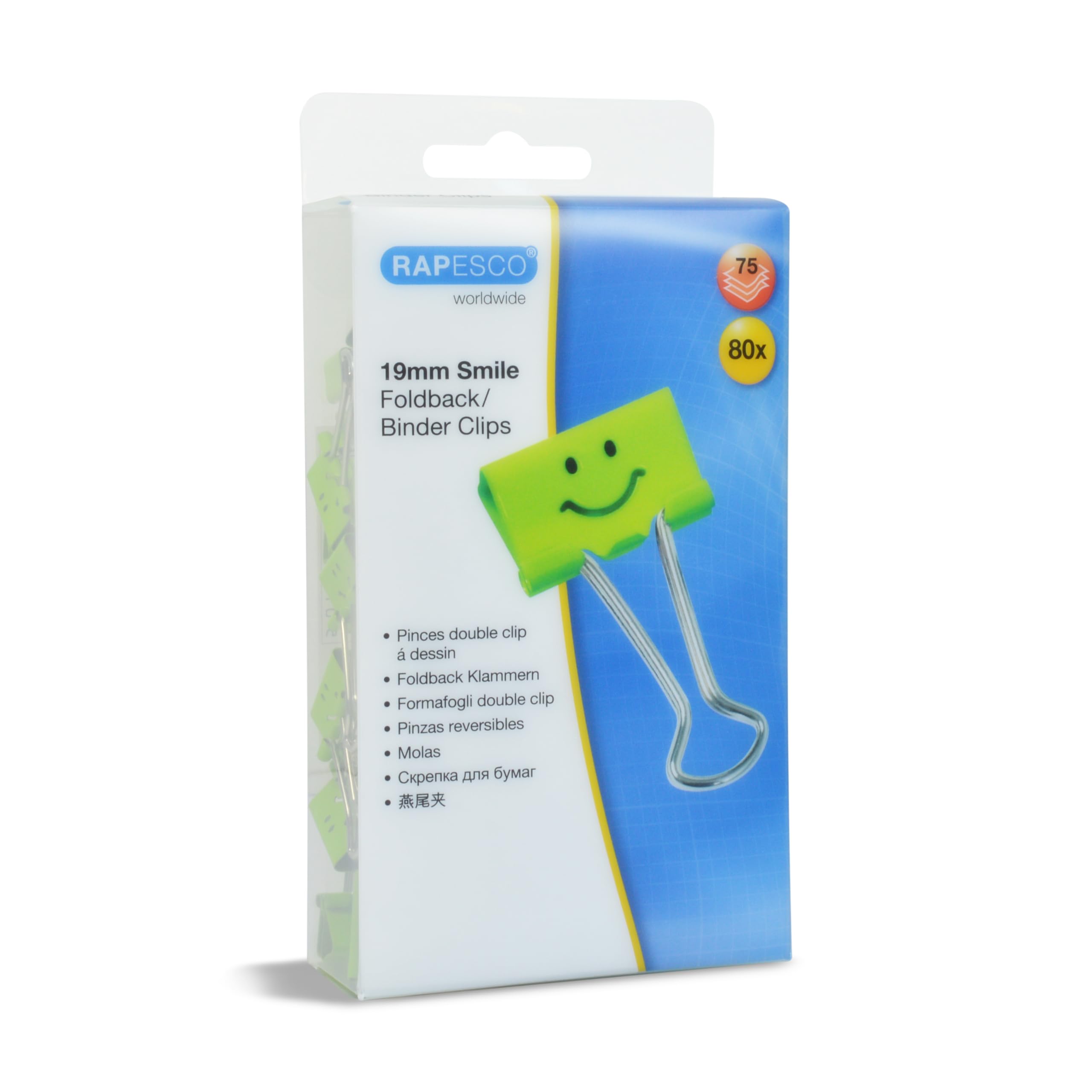 Rapesco 1423 19 mm Smiles Foldback Clips, Green, Pack of 80