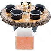 Norse Tradesman Genuine Drinking Horn Shot Glass Set (5) w/Rustic Wood Display Stand (Live Edge) | Engraved with Norse Runes | Packaged in Burlap Gift Sack