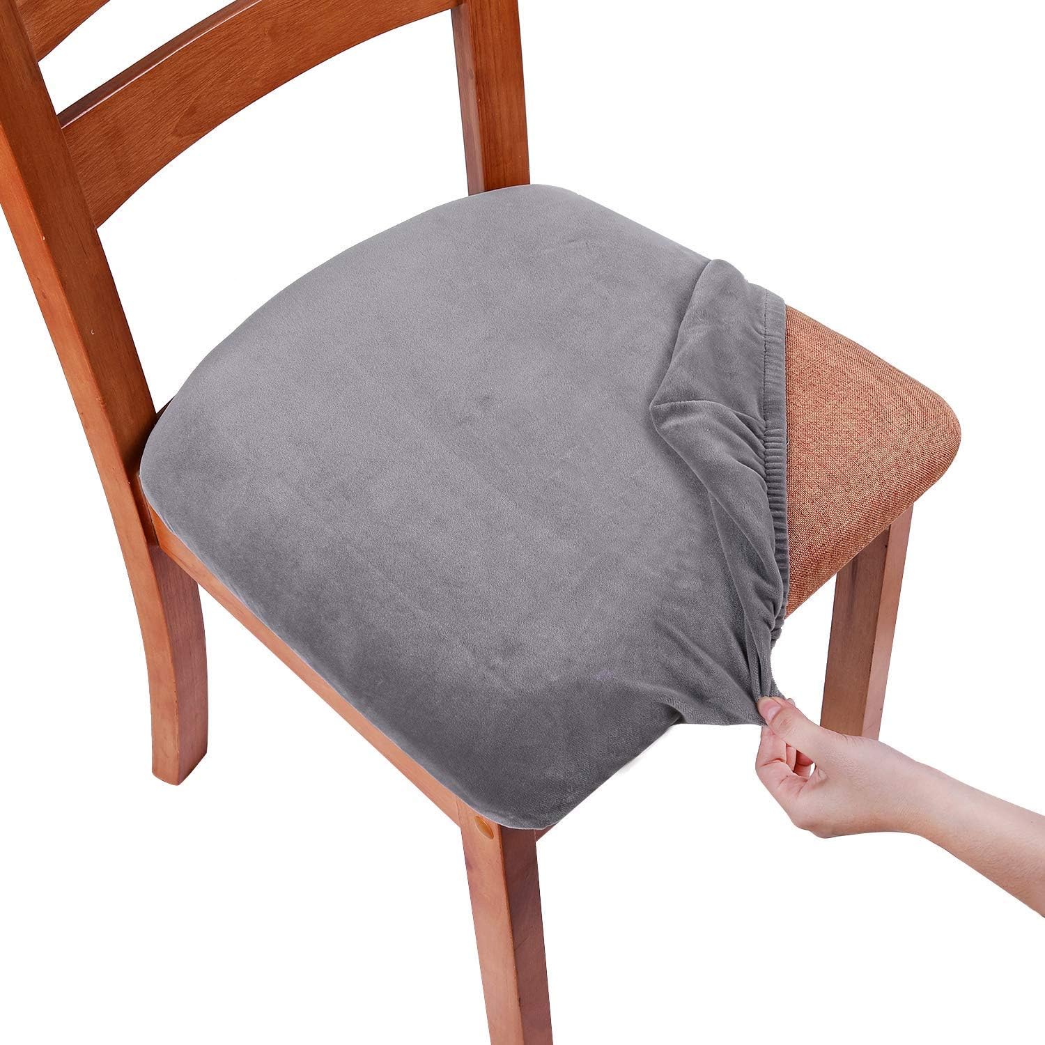 smiry Stretch Chair Seat Covers for Dining Room Velvet Dining Chair Seat Protectors Chair Slipcovers, Set of 4, Grey - Image 4