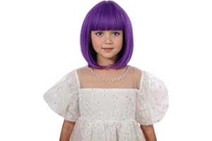 Edivd Bright Purple Bob Wig for Kids - Short Bob Wig with Bangs, Heat Resistant Synthetic Wig with Wig Cap