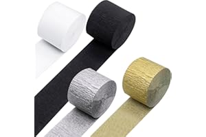 PheiLa Crepe Paper Streamers 4 Rolls 328ft, White Black Gold Silver Paper Party Streamers for Wedding Graduation Anniversary Birthday Baby Shower Backdrop Decoration Supplies