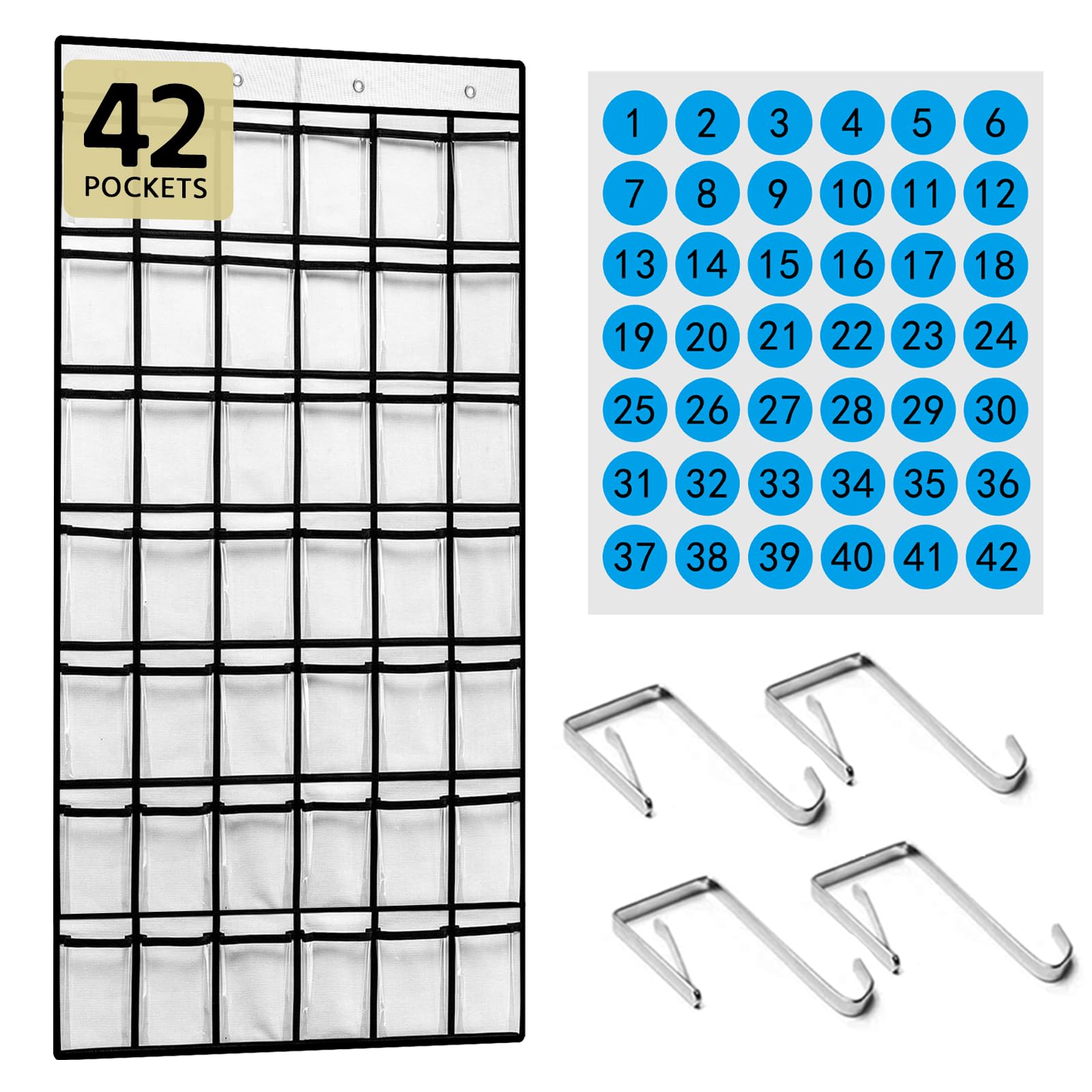 Photo 1 of PAULONE Numbered Classroom Pocket Chart, Cell Phone Calculator Holder for Classroom Storage, Small Items Miscellaneous Closet Organiser, Wall Door Hanging Organiser-42 Pockets (42-White)