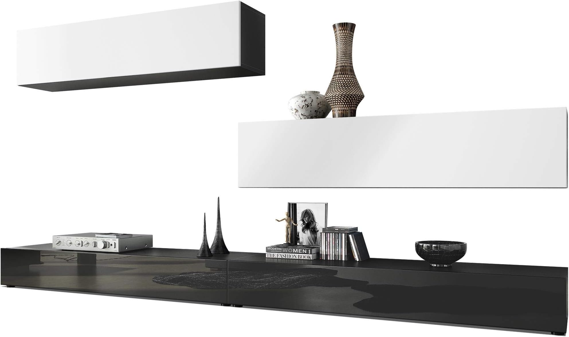 Vladon Wall Unit TV Stand Nublo, Carcass in Black matt/Fronts in Black High Gloss and White matt
