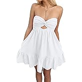 Meladyan Women’s Twist Knot Bandeau Tube Dress Solid Strapless Backless Mini Dresses Summer Hollow Ruffle Beach Dress