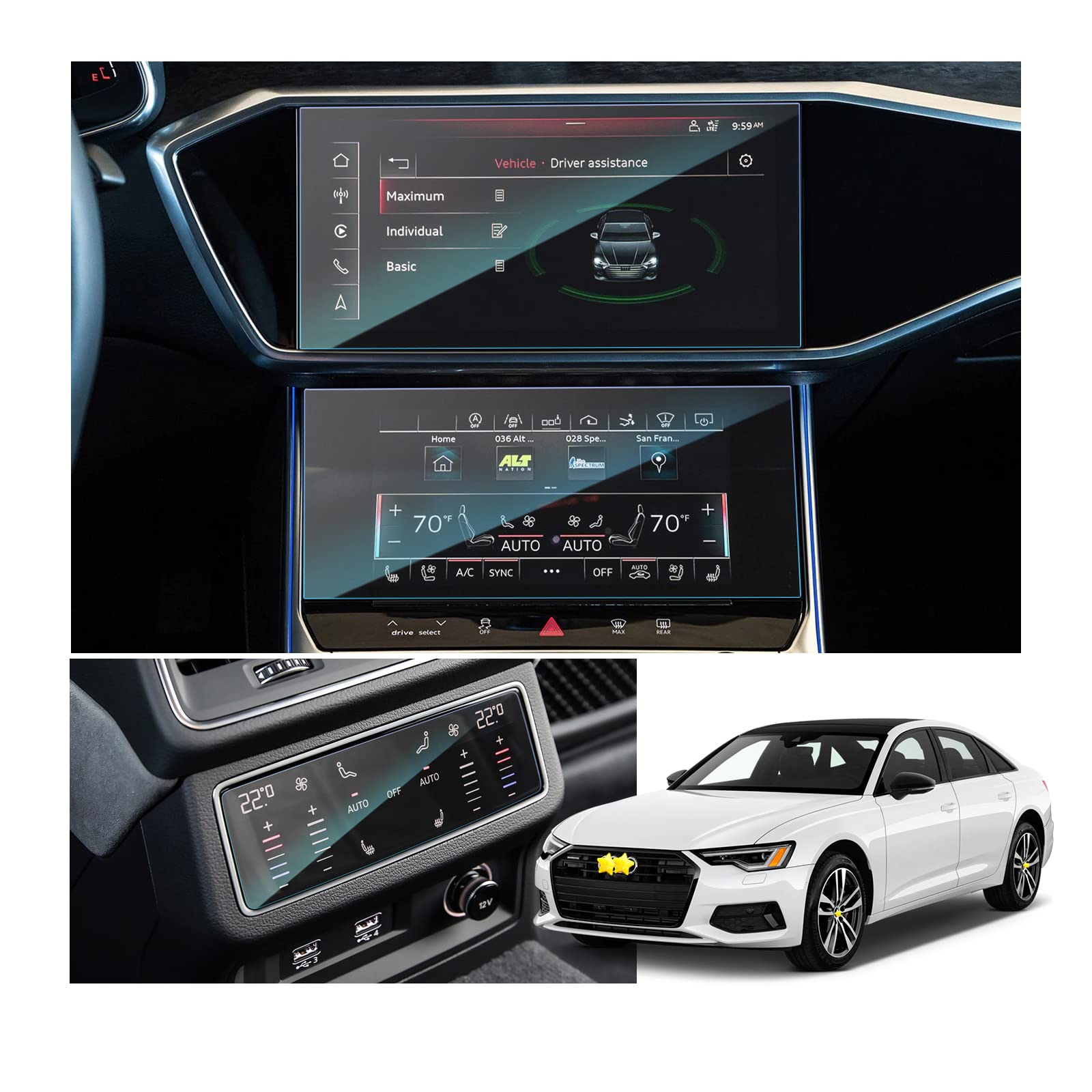 SKTU Screen Protector compatible with Audi A6 / A7 2019-2023 2024 MMI + Front/Rear AC protective film Tempered Glass Scratch Resistant — image 1