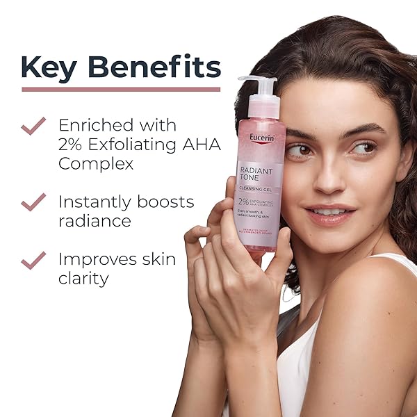 EUCERIN RADIANT TONE FACE CLEANSER GEL WITH 2% EXFOLIATING AHA COMPLEX, GENTLE FACE WASH IMPROVES SKIN CLARITY AND BOOSTS RADIANCE, ALL SKIN TYPES, 6.8 FL OZ BOTTLE