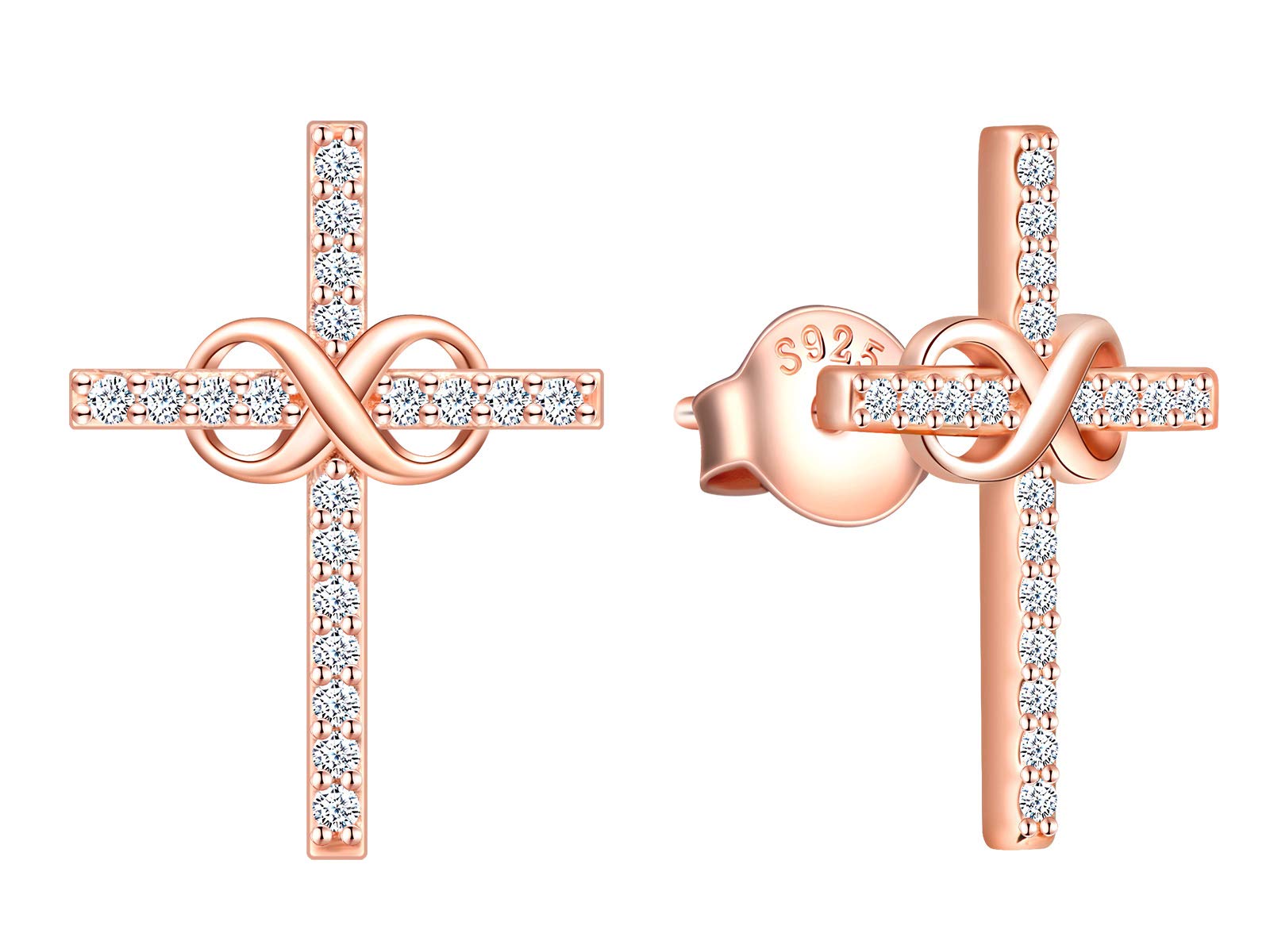 MicLee Woman's girl's Earrings Studs, 925 Sterling silver Cross earrings, cross infinity symbol earrings studs, Inlaid zircon, rose gold
