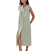 Seetaa Womens Spring Summer Button-Down Shirt Dress Cotton Striped Collared Tunics Sleeveless Tank Dress with Pocket