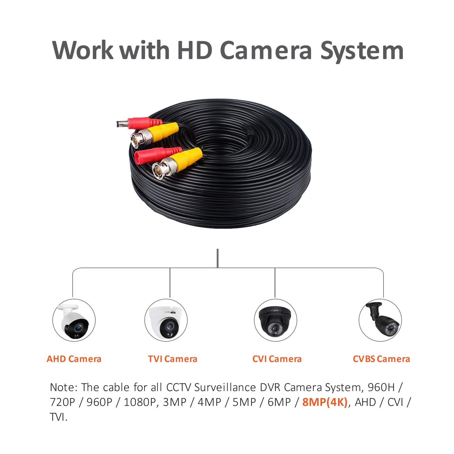 LONNKY 100ft 30M BNC Cable Security Camera Wire Cord with BNC Connectors and RCA Adapters Video Power Cable for CCTV Camera Surveillance Kit and Security Camera System,Black