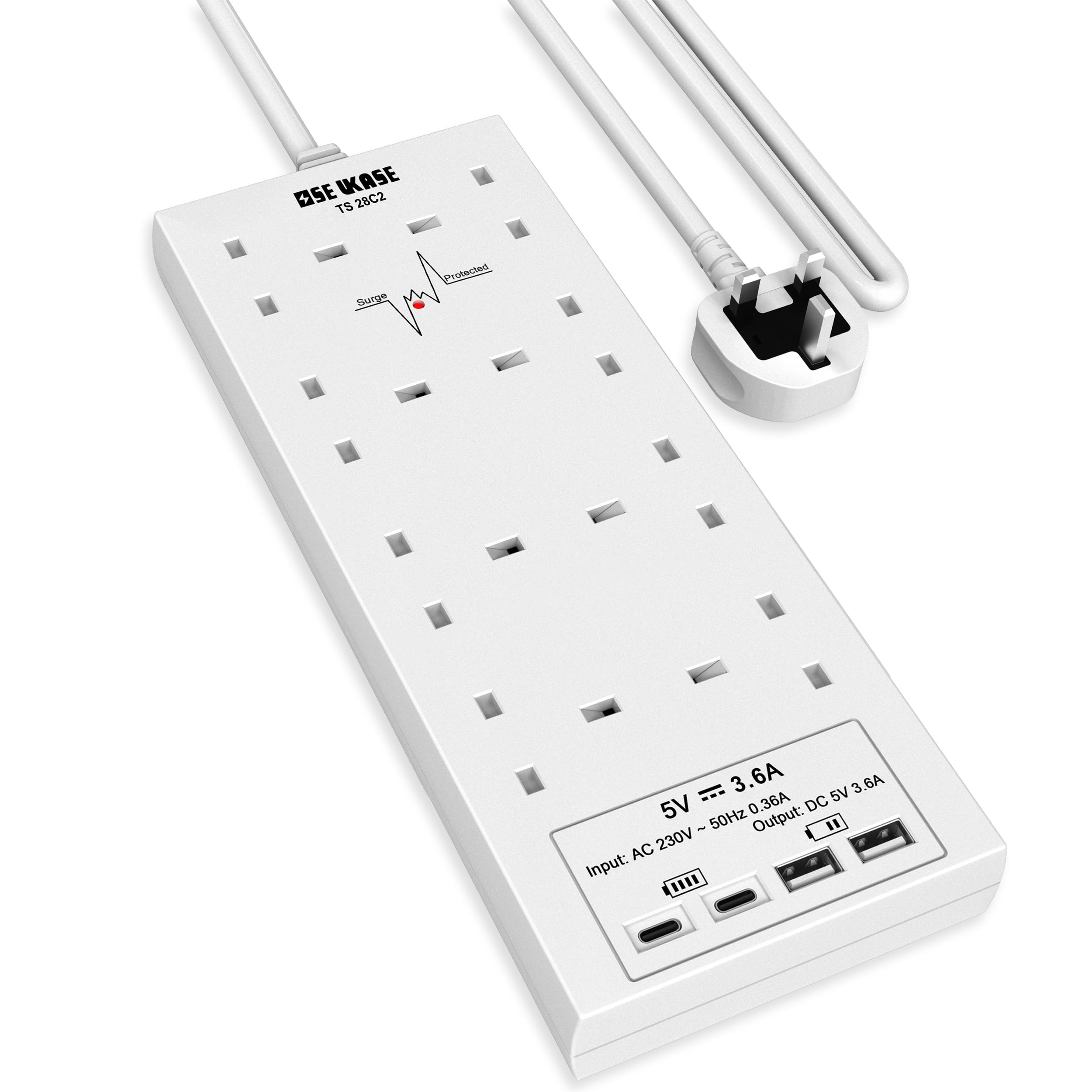 Extension Lead with USB Slots, 8 Way Socket Surge Protection with 4 USB Charger(2C+2A) Multi Plug 2990W Safety Shutter with 2M Extension Cord for TV PC Laptops Tablets