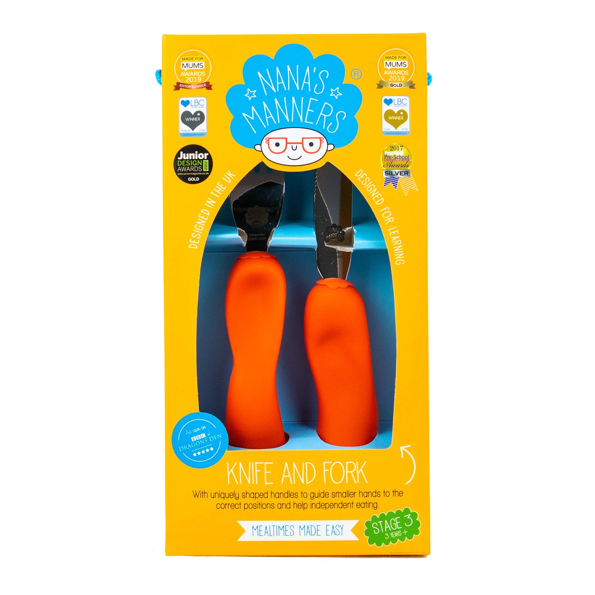 Nana’s Manners - Stage 3 Cutlery Set, Childrens Knife & Fork Set, Self-Feeding Childrens Cutlery, Kids Cutlery Set for Ages 3 & Up, Easy-to-Grip Silicone Handles, Non-BPA, Jeddie Orange