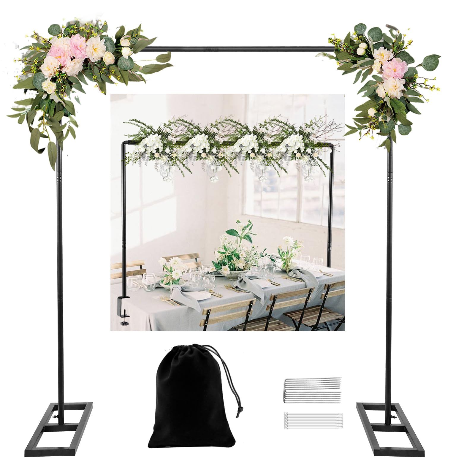 Photo 1 of 8.2 FT Wedding Arch Rectangle Stand Square Backdrop Stand, Extra Clamps to Table Rod Stand, Adjustable Photo Booth Background Kit, Balloon Arch Stand for Birthday Party Baby Shower Decor,Black