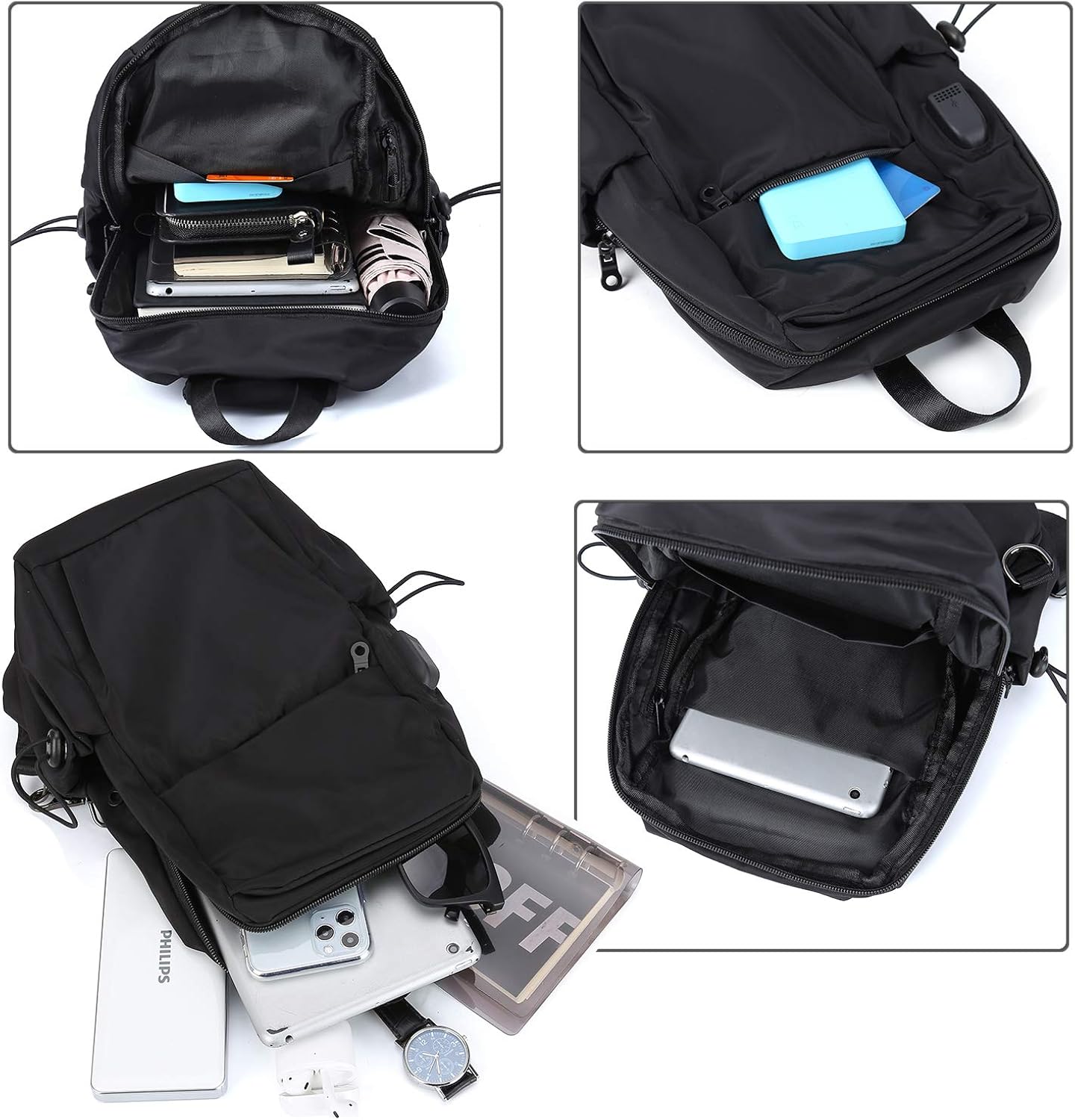 Small Black One Strap Backpack Sling Bag Crossbody Backpack for Men Women, Lightweight Waterproof Sling Backpack Shoulder Bag for Hiking Walking Biking Travel Cycling USB Charger Port-Nylon: Clothing