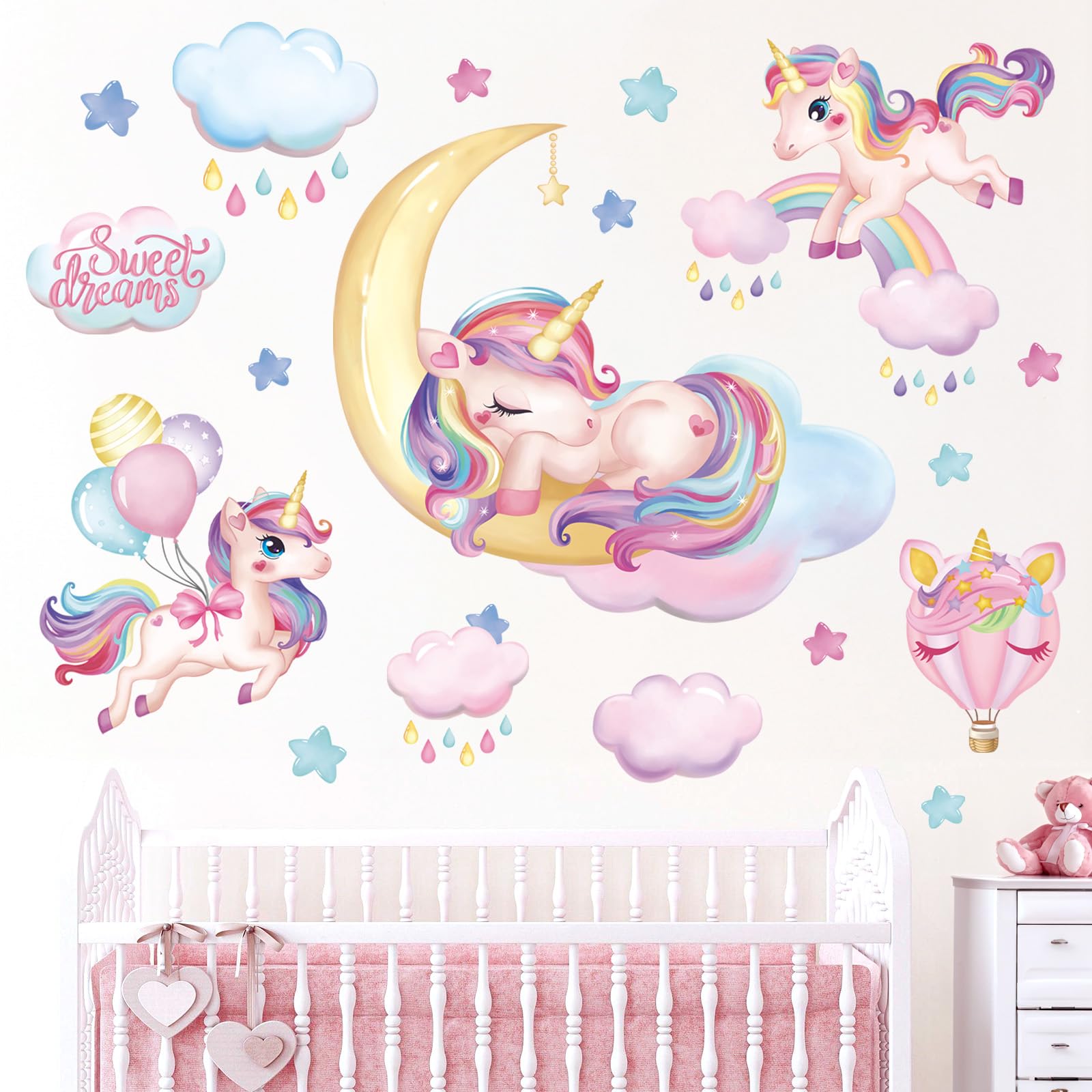 wondever Rainbow Unicorn Wall Stickers Sleeping Unicorn Balloons Sweet Dream Moon Wall Art Decals for Girls Room Baby Nursery Kids Bedroom
