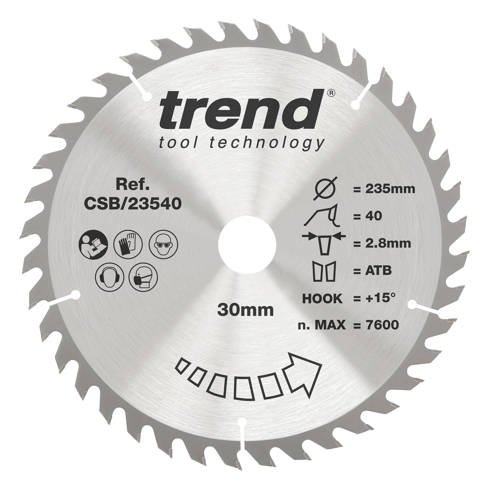 Trend Wood Circular Saw Blade, 235mm Diameter, 30mm Bore, 40 Teeth, 2.8mm Kerf, +15° Hook, TCT, Medium Finish, CSB/23540