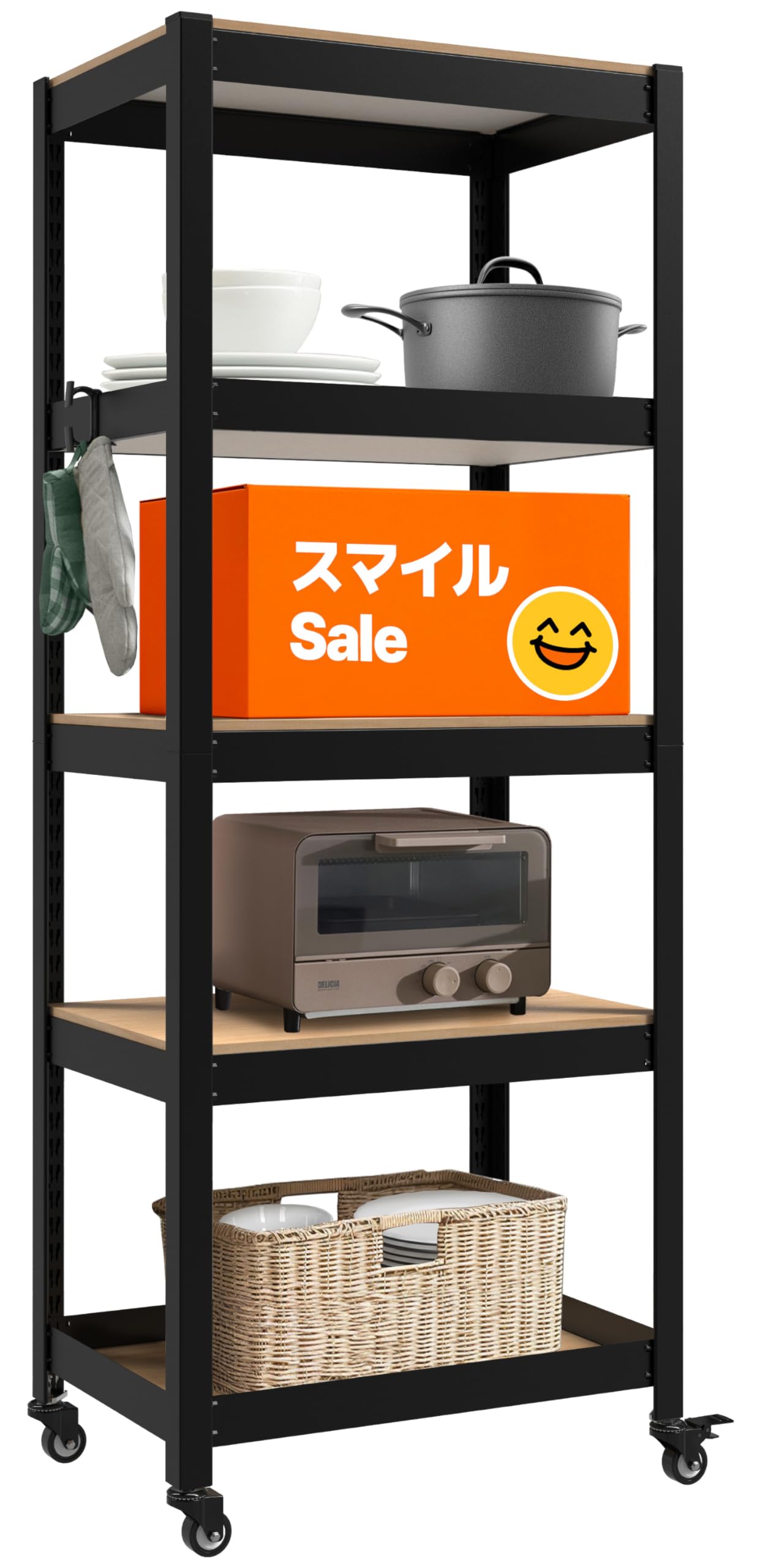 HOMEDANT House 組立簡単 ラミネート スチールラック キッチン 5段 幅60 奥行40 高さ158 ブラック キャスター付き 車輪 高さ調整可能 棚 収納棚 メタルラック 倉庫 ガラージ オフィス 業務用商品画像