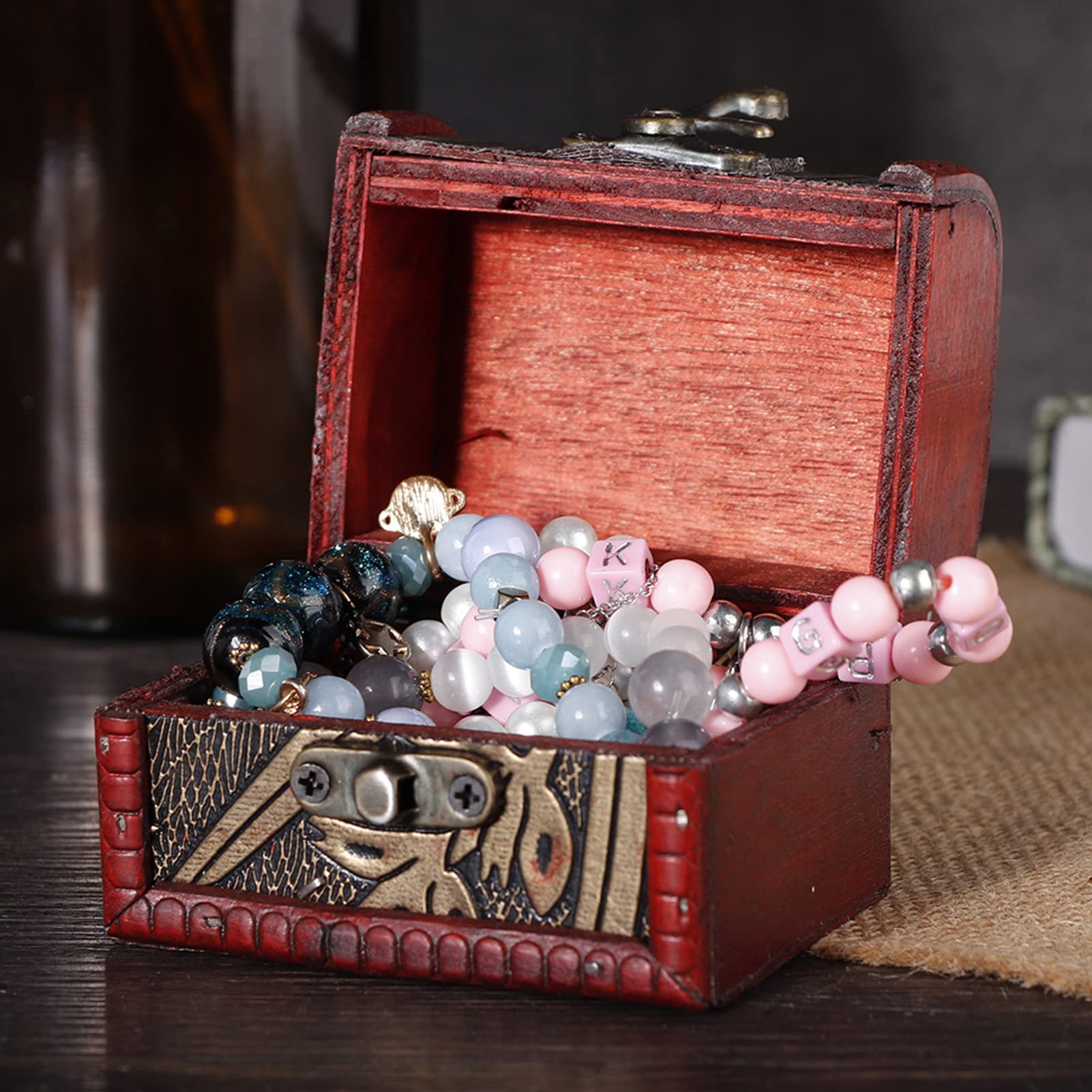 Cyrank Wooden Vintage Storage Box Chest Treasure Box with Lock,Treasure Chest Storage Box Decorative Keepsake Box Jewelry Trinket Chest,Mini Treasure Chest Handmade Box Rings Case for Home Decor