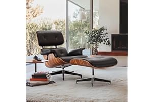 WOWT Top Black PU Leather, Mid Century Chaise Lounge Chair and Ottoman, Modern Chair Classic Design, Palisander Wood, Heavy Duty Base Support for Living Room Office