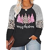 FCHICH Plus Size Merry Christmas T Shirt Women Xmas Trees Long Sleeve Raglan Tops Tees Casual Loose Holiday Tunic Tops