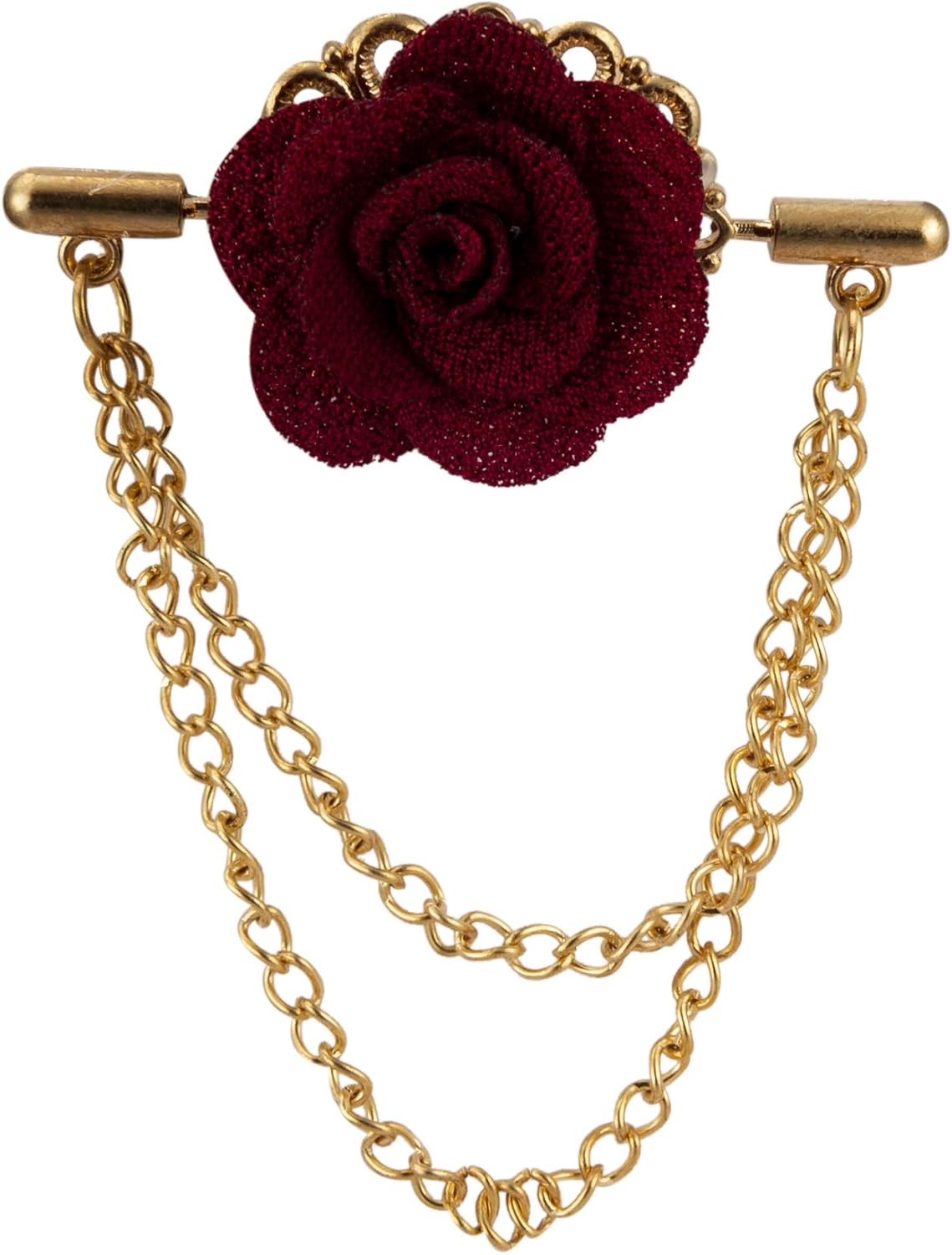 Brooch Lapel Pin for Men Maroon Flower with Double Hanging Chain Lapel Pin Badge Coat Suit Wedding Gift Party Shirt Collar Accessories