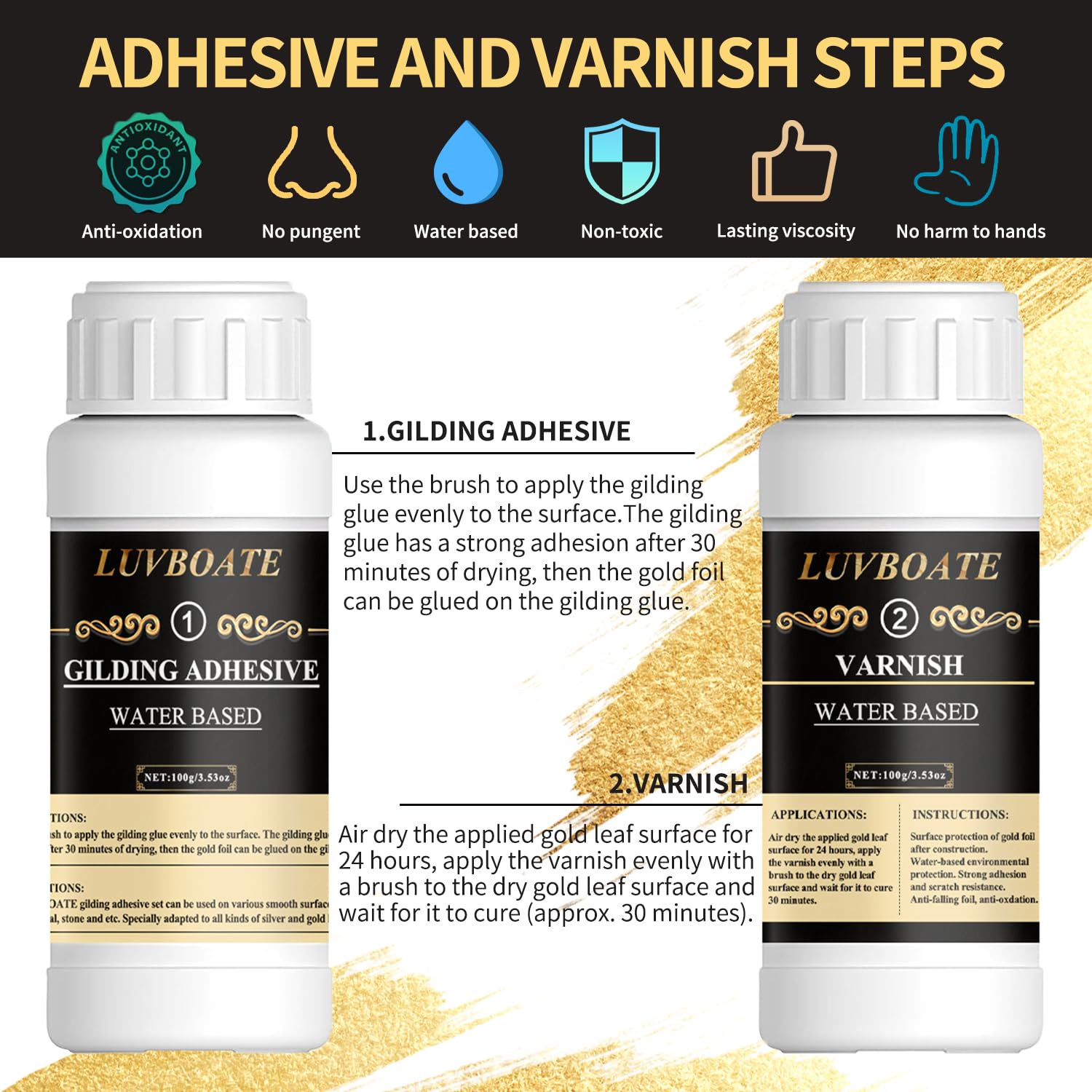 Gilding Adhesive Set, LUVBOATE Gold Leaf Kit, 3.53oz Water Based Adhesive and 3.53oz Varnish with Gold Leaf Sheet 100 pcs, Gold Foil Set for Arts, Craft, Painting, Furniture and Decoration
