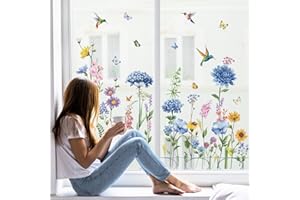 wondever Summer Garden Flower Window Clings Hummingbird Floral Butterfly Glass Decal Anti Collision Double-Side Static Window Stickers for Home Glass