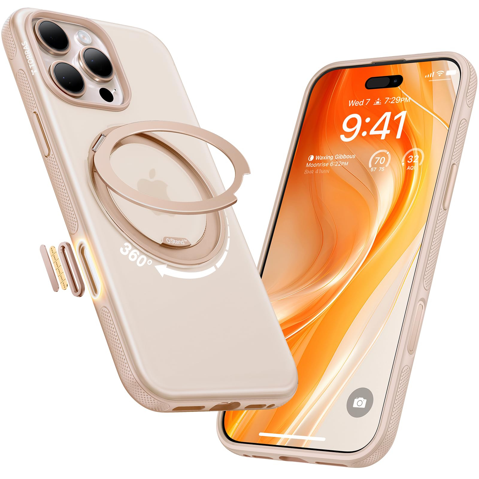 Photo 1 of TORRAS Desert Titanium for iPhone 16 Pro Case 360 Magnetic Stand, [Fit for MagSafe] [Mil-Grade Protection] Slim, Rotatable Kickstand Case with Camera Control Button, O3 Fitness, Translucent, Rose Gold