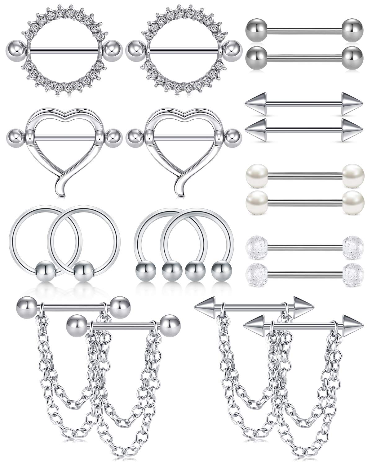 Funseedrr 10-12 Pairs Nipple Bars Nipple Shield Rings Stainless Steel 14G 16mm Tongue Straight Barbells Ball Arrow Chain Dangle Piercing Jewellery Women Men