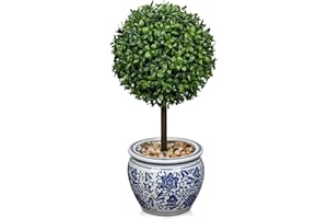 DILATATA Artificial Topiary Boxwood Ball in Blue and White Ceramic Pot, 16 Inch Artificial Boxwood in Planters Decorative Fake Greenery for Table Centerpiece Indoor Plant Home Decor