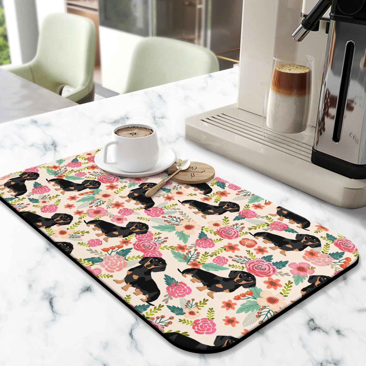 Photo 1 of 19.5x12 inches Absorbent and Quick Dry Dogs Mats Coffee Mat Hide Stain Rubber Backed Restaurant Anti Slip Drying Mat for Kitchen Counter Coffee Bar Dining Room (Flowers, 19.5x12 inch)