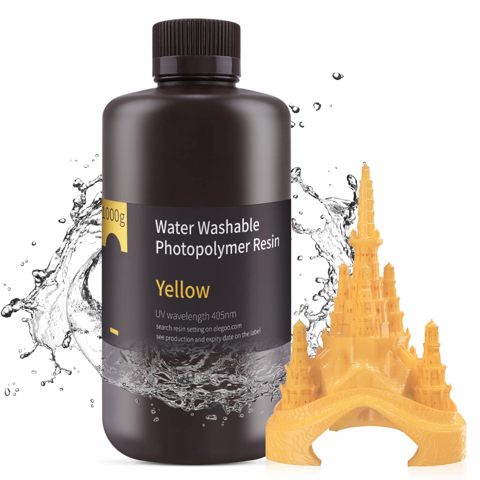 ELEGOO Water Washable 3D Printer Resin, Rapid LCD Resin 405nm UV-Curing Standard Photopolymer Resin for LCD 3D Printing Yellow 1000G