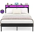 Homieasy Black Full Size Bed Frame with Headboard, Metal Full Bed Frames with Charging Station and Led Lights, Industrial Platform Bed Frame, No Box Spring Needed, Noise-Free