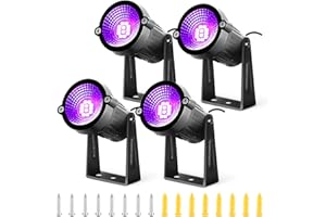 TIGQIANG 4 Pack Waterproof Black Lights, IP66 15W LED Blacklight Halloween Outdoor Spotlight with On/Off Switch + Plug + Metal Stakes for Landscape Lighting, Glow in Dark Party, Body Paint, Fluorescent Poster