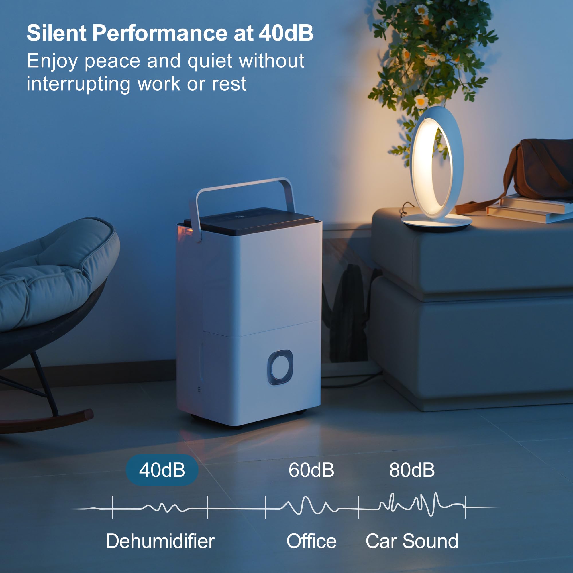 Megonia Elektrischer Luftentfeuchter für Haus: 65L/Tag, Automodus, 4.5L Wassertank mit Ablaufschlauch, Leise Raumentfeuchter für Keller, Büro, Schlafzimmer, Badezimmer, Wohnung, Küche bis 120m² 7