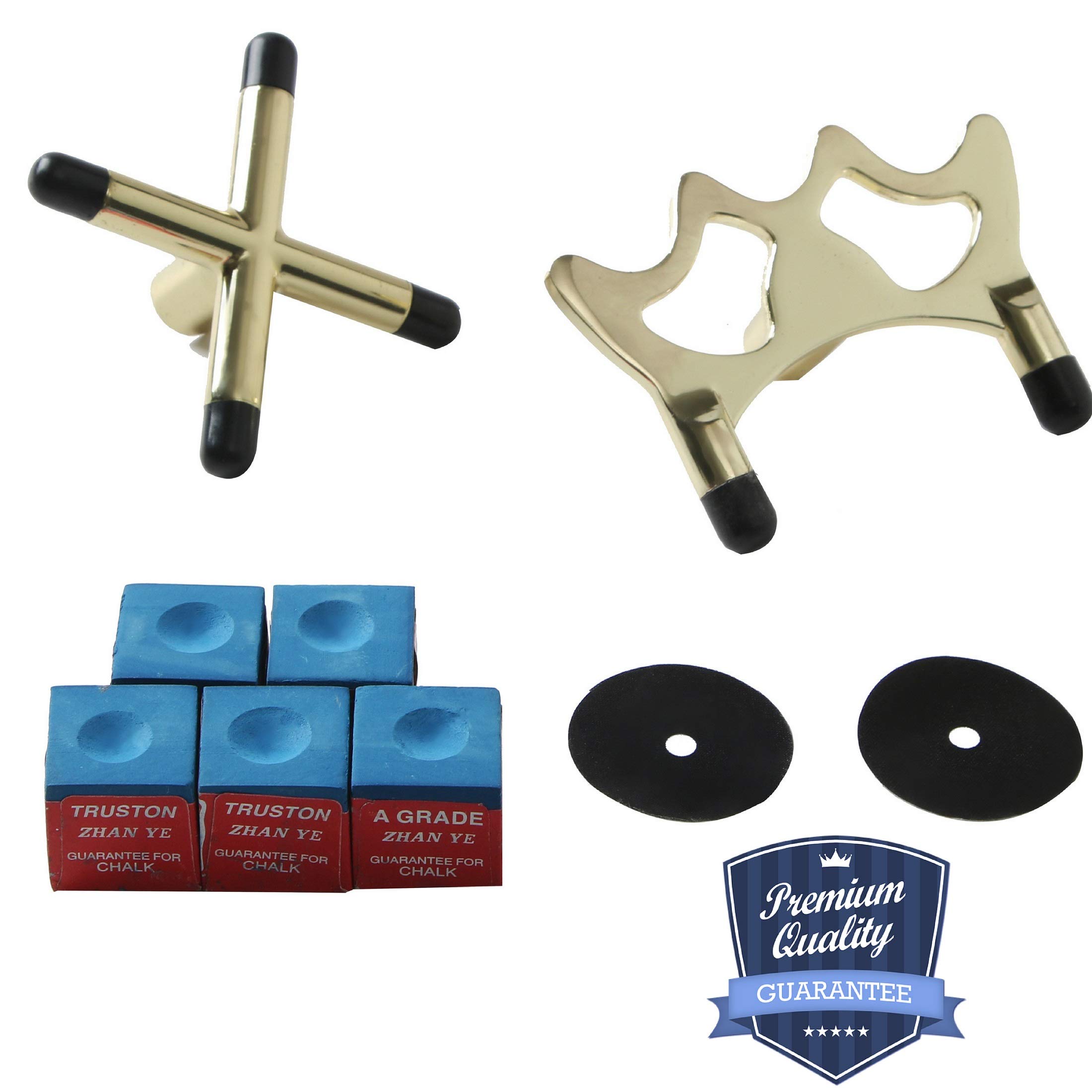 BETTERLINE Billiard Cue Bridge Spider Head and Cue Cross X Rest, 5 Cue Chalk Cubes and 2 Table Spots - Pool Table Game Accessories for Cue Sticks