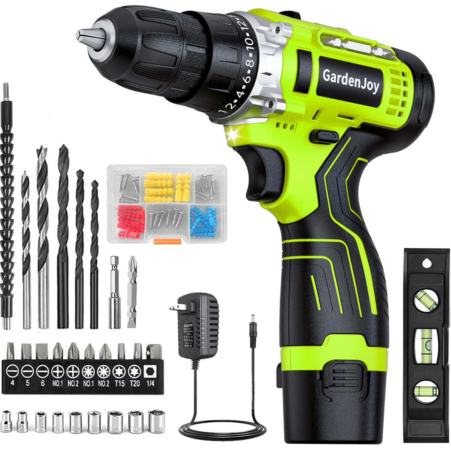 Photo 1 of GardenJoy Cordless Power Drill Set: 12V Electric Drill with Battery and Charger, 65pcs Acessories, 3/8"Keyless Chuck, 2 Variable Speed, 24+1 Position, Compact Drill Driver Kit for Home & DIY Project
