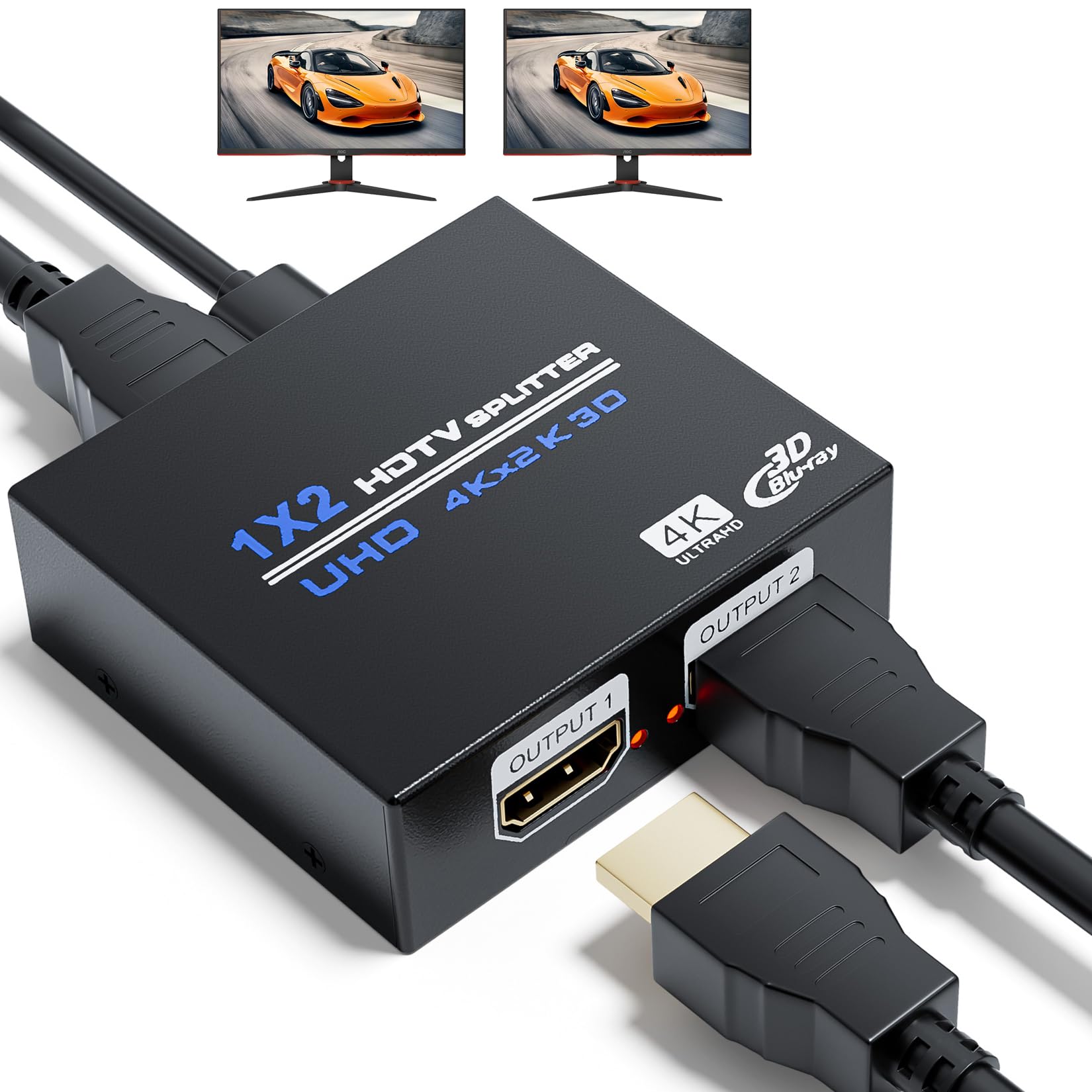 BolAAzuL 1x2 HDMI Splitter - 1in 2 out Multi-Port Adapter, 4K 1080P 3D, HDCP 1.4, Dual Monitors - Duplicate/Mirror Screen