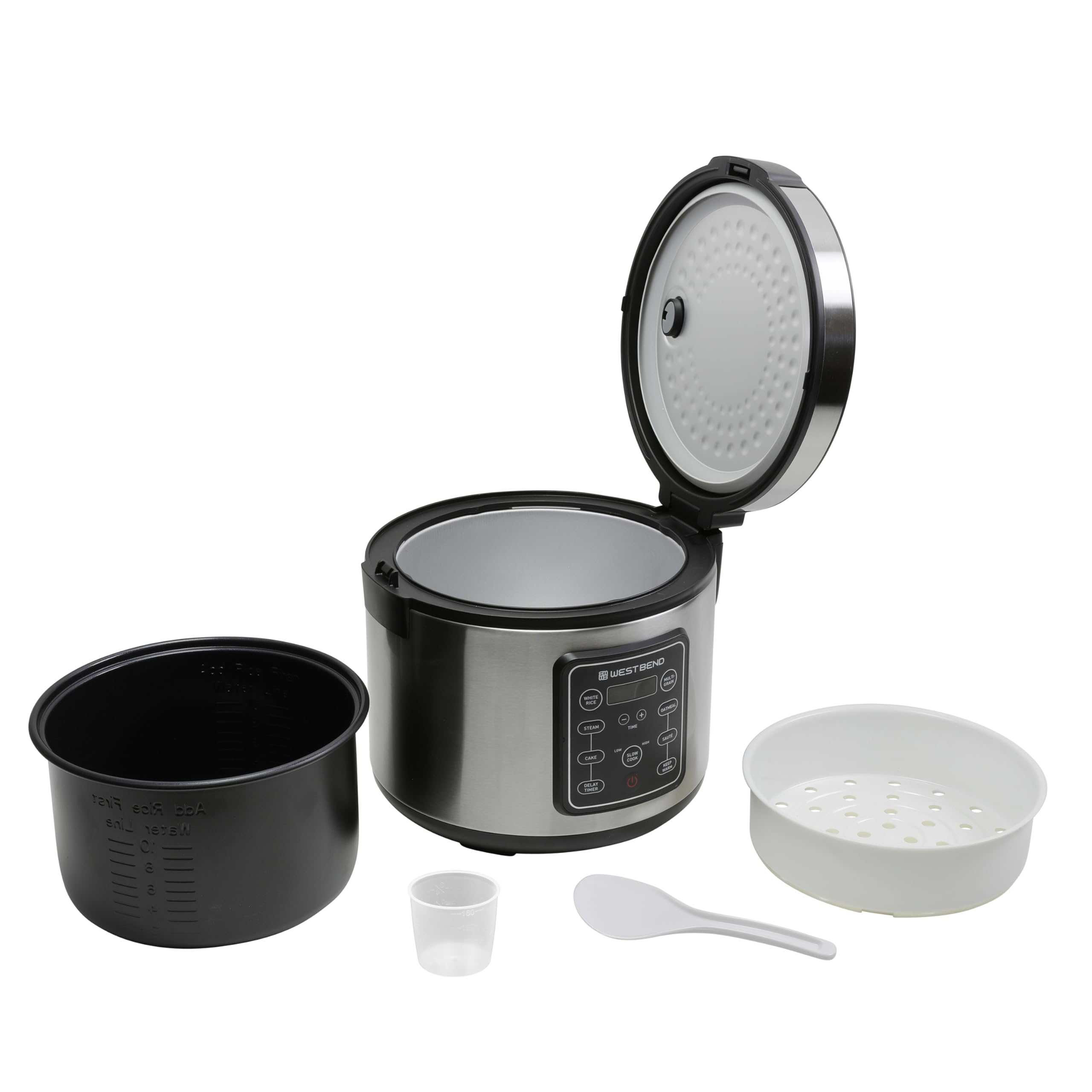 West Bend Rice & Grain Multi Cooker Programmable with 9 Preset Functions, Features Delay Start and Keep Warm Functions and Steam Basket, 20 Cups Cooked, Stainless Steel