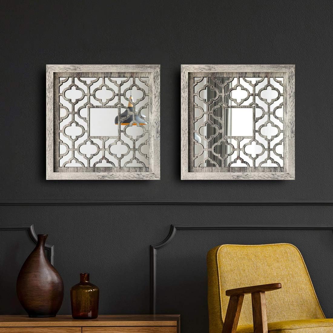 qmdecor MDF Wood Material Rustic Distressed White Framed Decorative Mirror 12x12 inches Square Wall-Mounted Mirrors Set of 2 Pieces