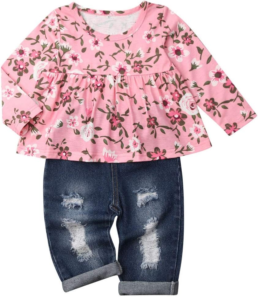 Baby Girls Clothes Denim Outfits Crop Top Shoudler Shirt +Ripped Fishnet Jeans Hole Pants Two Piece