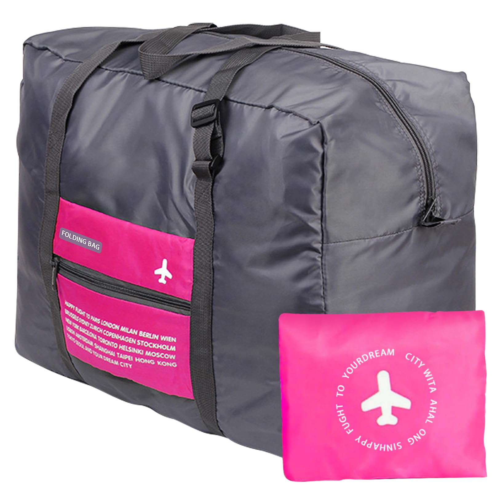 INVODA Foldable Travel Duffel Bag Sports Gym Tote Water Resistant Carry on Luggage Bag Weekender Overnight Bag (Rose)
