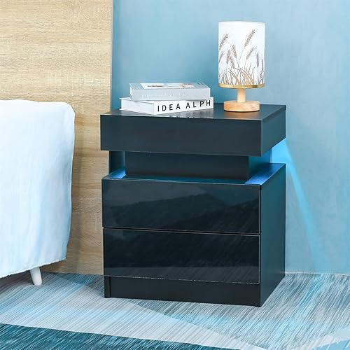 LED Nightstand with Drawers, Bedside Table with High Gloss