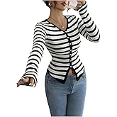 SOLY HUX Women's Striped Sweater V Neck Long Sleeve Button Front Knit Slim Fit Trendy Pullover Fall Tops