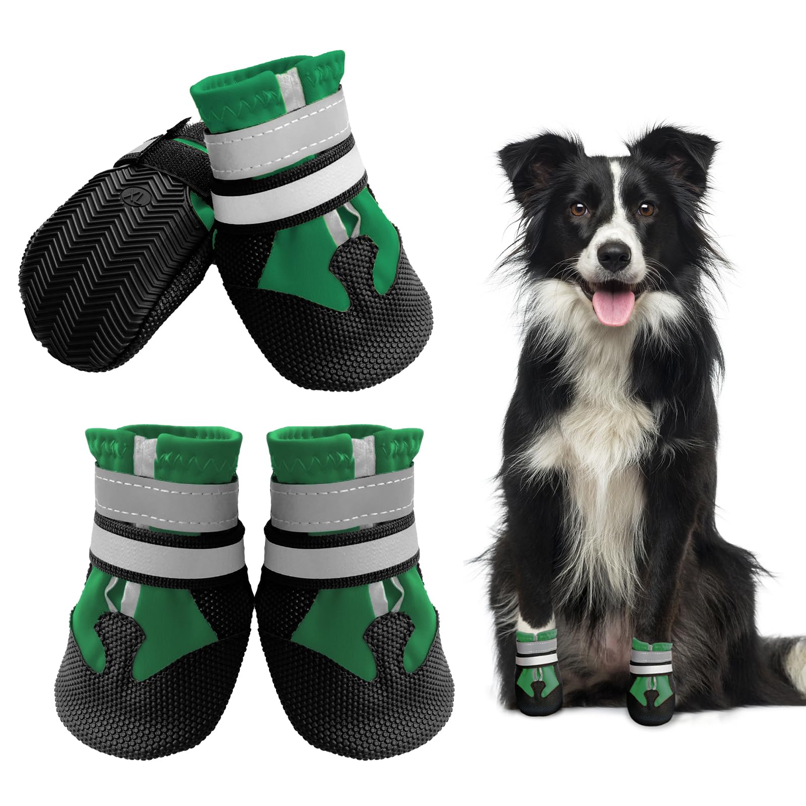 NeuWook Waterproof Boots for Injured Paws, Set of 4 Non-Slip Protective Wear-Resistant Shoes With Reflective Straps for Small Medium Large Dogs Outdoor (XXL, Green)