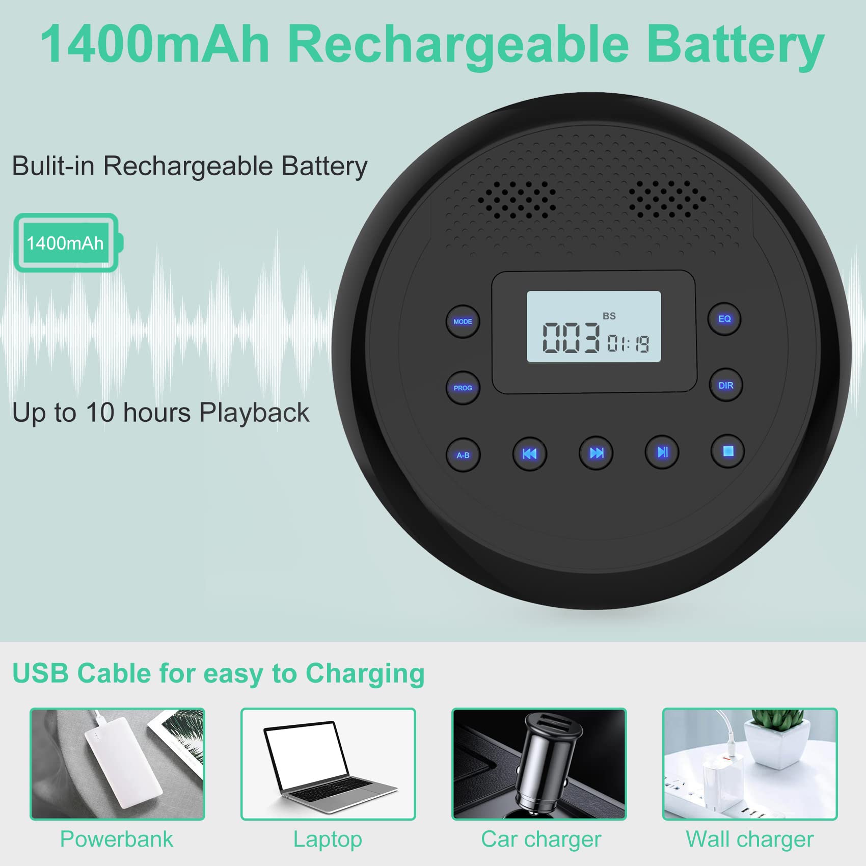 MONODEAL Rechargeable Portable CD Player with Built-in Speakers, CD Player for Car and Personal Use, Anti-Skip Player with Headphones