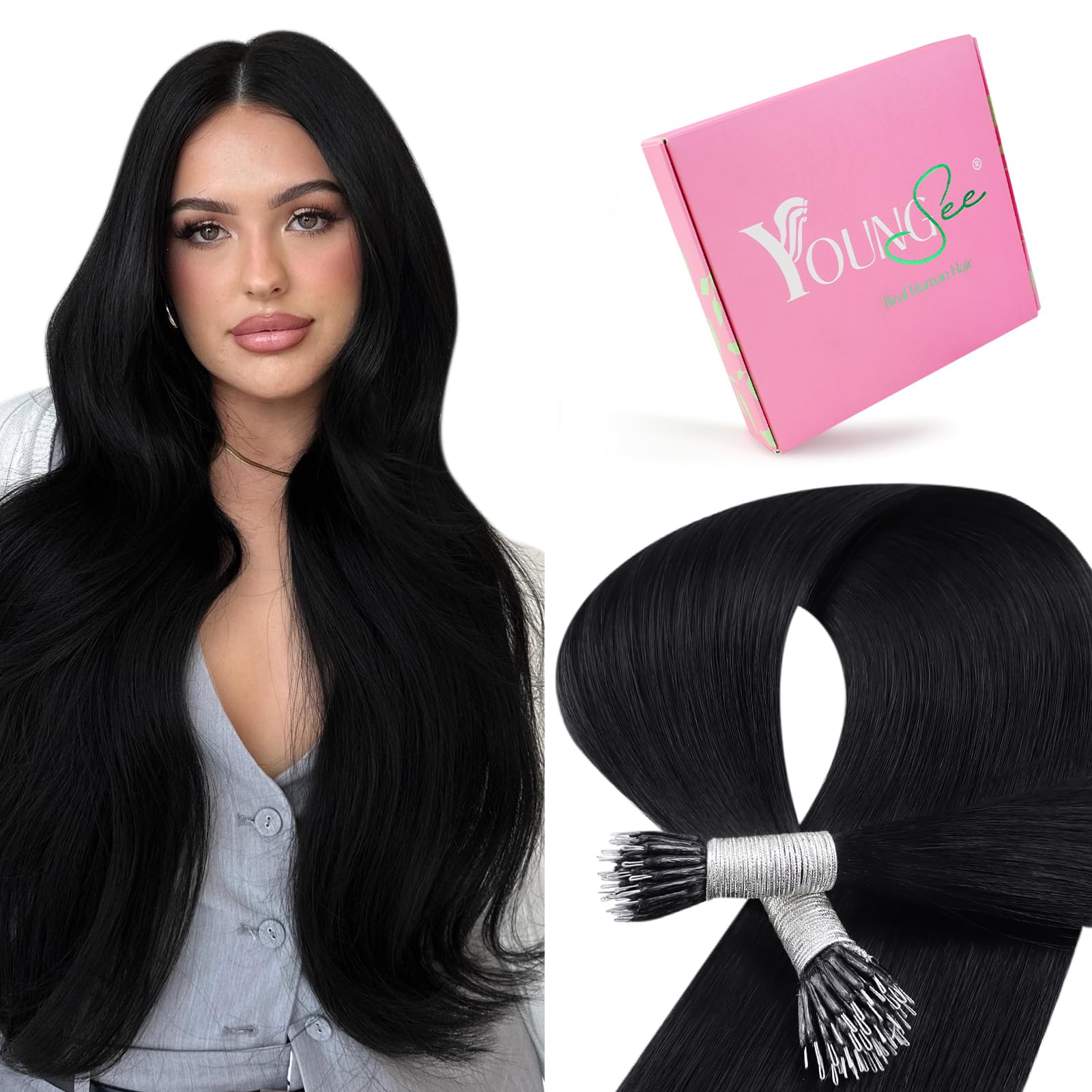 YoungSee Nano Hair Extensions Black 16inch Nano Bead Human Hair Extensions Jet Black Pre Bonded Nano Rings Hair Extension Black for Wedding Cold Fusion Silky Straight 50s Add Volume 50g — image 1