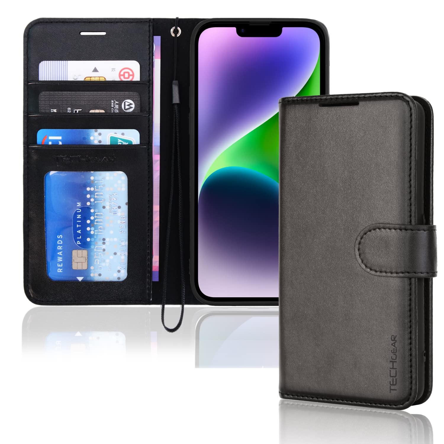 TECHGEAR iPhone 14 Leather Wallet Case, Flip Protective Case Cover with Wallet Card Holder, Stand and Wrist Strap - Black PU Leather with Magnetic Closure for iPhone 14 6.1"