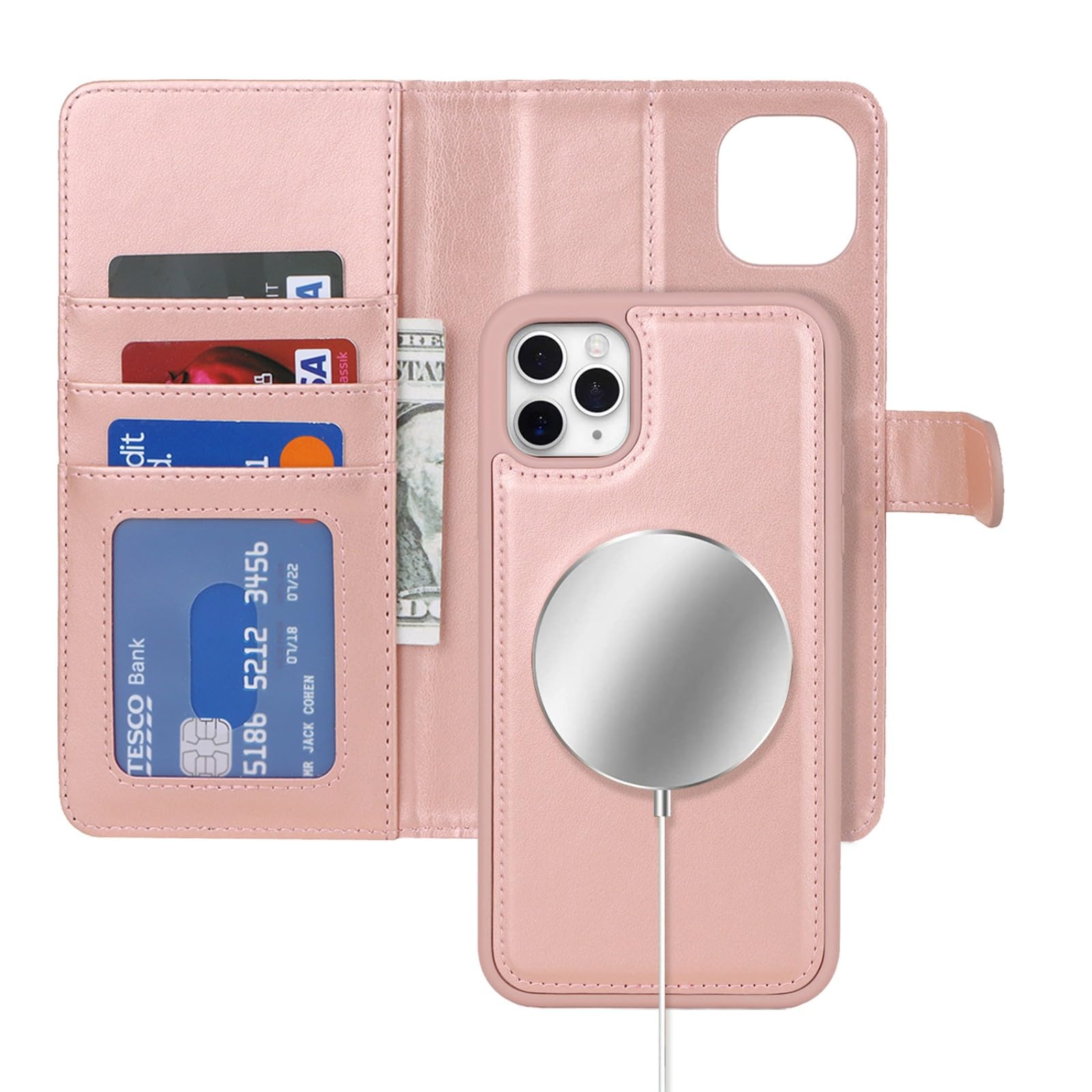 Zouzt for iPhone 11 Pro Max 6.5 Inch Detachable Wallet Case with Card Holder for MagSafe, Premium PU Leather 2 in 1 Flip Folio Book Magnetic Stand Protective Phone Cover - Rose Gold — image 1